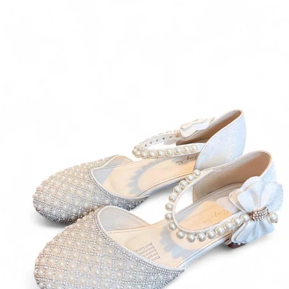 Girl Size 36 Ivory White pearl embellished kitten heels wedding flower‎ girl